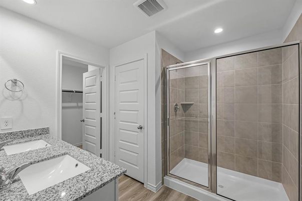 Bathroom, Glass Shower, Interior, Recessed Lighting, Wood Texture Flooring
