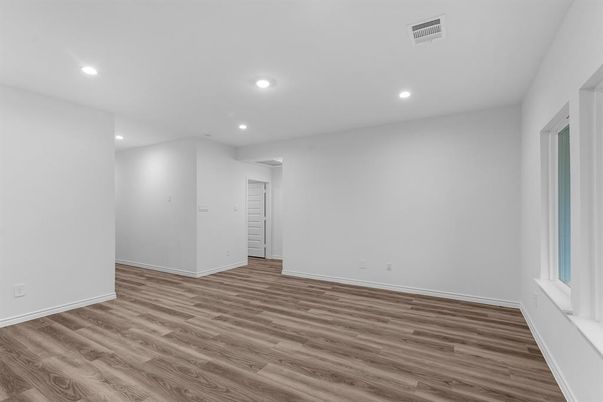 Empty room, Interior, Recessed Lighting, Wood Texture Flooring