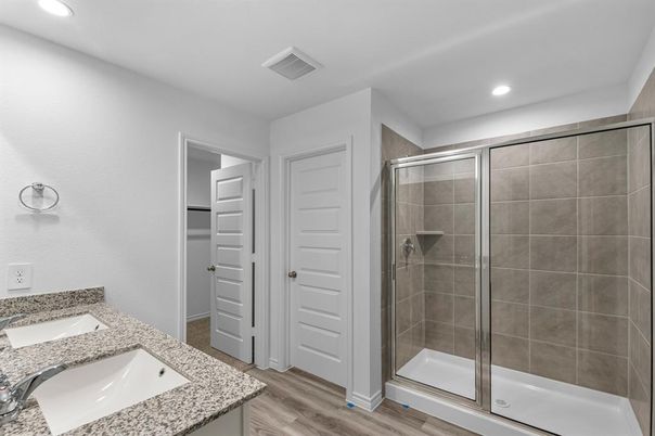Bathroom, Glass Shower, Interior, Recessed Lighting, Wood Texture Flooring