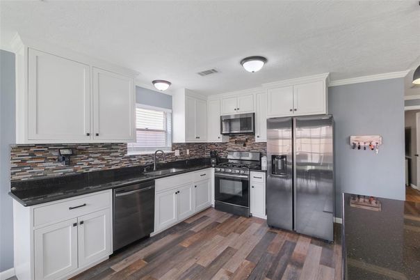 Interior, Kitchen, Stainless Steel Appliances, Wood Texture Flooring