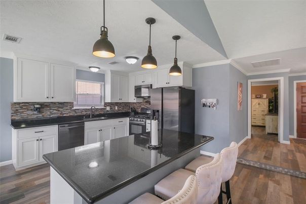 Interior, Kitchen, Pendant Lights, Stainless Steel Appliances, Wood Texture Flooring