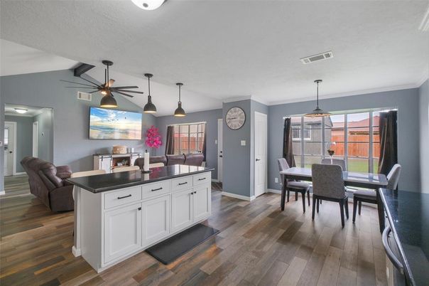 Dining room, Interior, Pendant Lights, Wood Texture Flooring