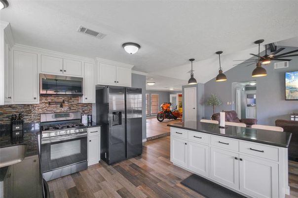Interior, Kitchen, Pendant Lights, Stainless Steel Appliances, Wood Texture Flooring