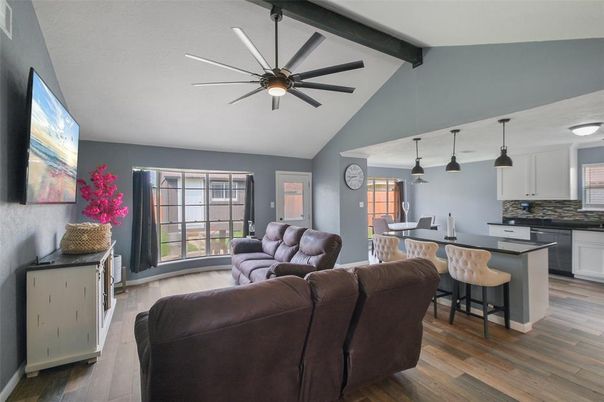Dining room, Interior, Kitchen, Living room, Pendant Lights, Wooden Beams, Wood Texture Flooring