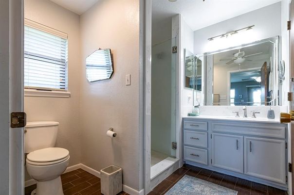 Bathroom, Glass Shower, Interior, Wood Texture Flooring