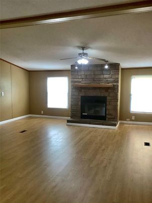 Empty room, Fireplace, Interior, Stone Walls, Wood Texture Flooring