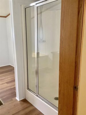 Bathroom, Glass Shower, Interior, Wood Texture Flooring