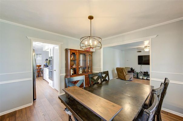 Dining room, Interior, Pendant Lights, Wood Texture Flooring