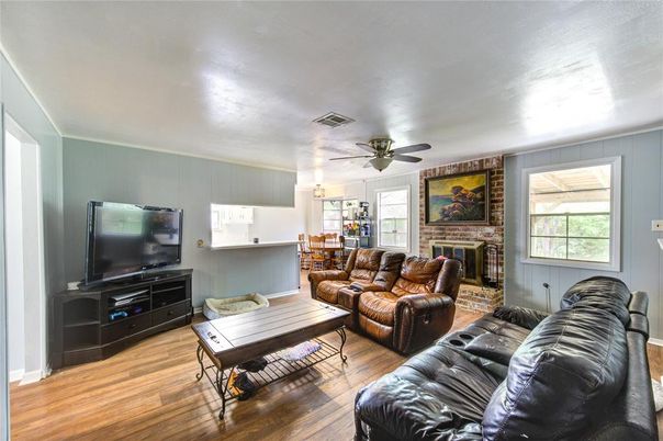 Dining room, Fireplace, Interior, Living room, Wood Texture Flooring