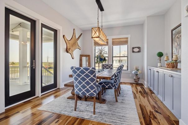 Dining room, Interior, Pendant Lights, Wood Texture Flooring
