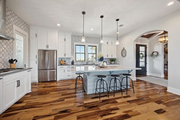 Interior, Kitchen, Pendant Lights, Recessed Lighting, Stainless Steel Appliances, Wood Texture Flooring