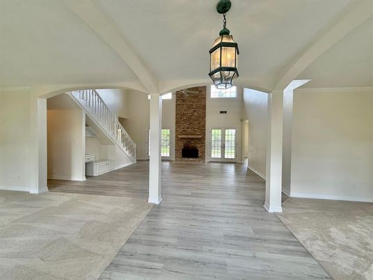 Fireplace, Interior, Pendant Lights, Stone Walls, Wood Texture Flooring