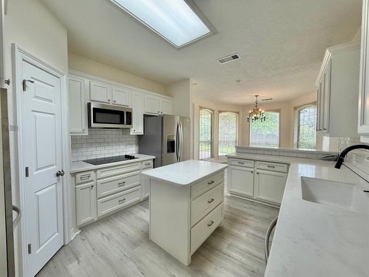 Chandelier, Interior, Kitchen, Stainless Steel Appliances, Wood Texture Flooring
