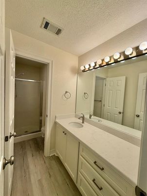 Bathroom, Dual Sink Vanities, Glass Shower, Interior, Wood Texture Flooring