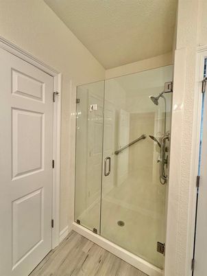 Bathroom, Glass Shower, Interior, Wood Texture Flooring