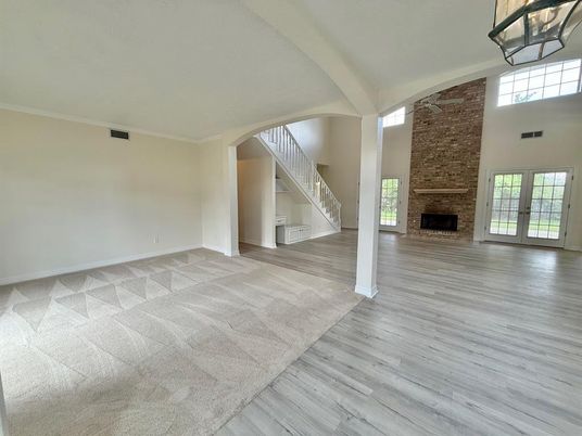 Empty room, Fireplace, Interior, Stone Walls, Wood Texture Flooring