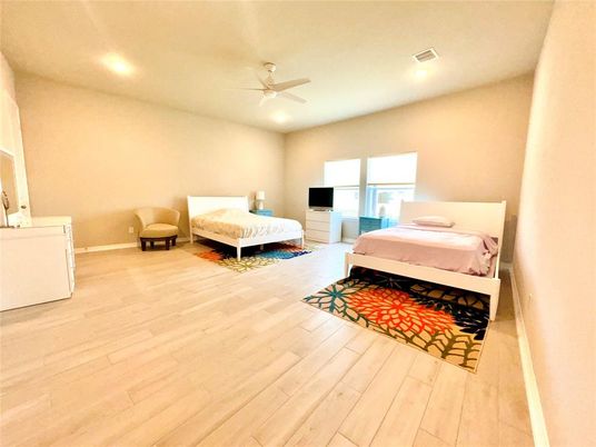 Bedroom, Interior, Recessed Lighting, Wood Texture Flooring