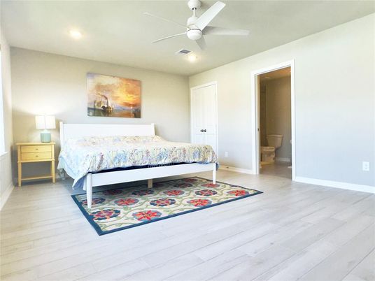 Bedroom, Interior, Recessed Lighting, Wood Texture Flooring