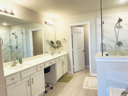 Bathroom, Dual Sink Vanities, Glass Shower, Interior, Wood Texture Flooring