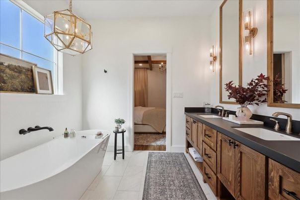 Bathroom, Bedroom, Dual Sink Vanities, Interior, Marble, Pendant Lights, Recessed Lighting