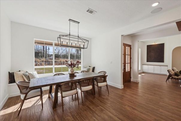 Dining room, Interior, Pendant Lights, Recessed Lighting, Wood Texture Flooring
