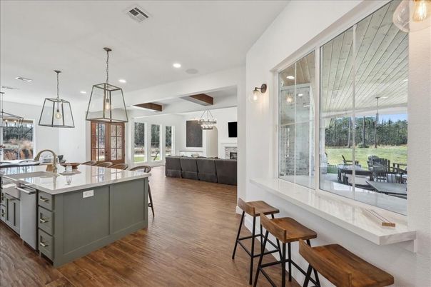 Interior, Kitchen, Living room, Pendant Lights, Recessed Lighting, Wood Texture Flooring