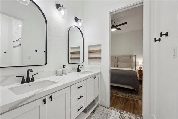 Bathroom, Bedroom, Dual Sink Vanities, Interior, Wood Texture Flooring