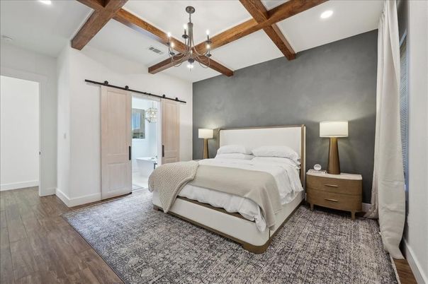 Bedroom, Interior, Recessed Lighting, Wooden Beams, Wood Texture Flooring