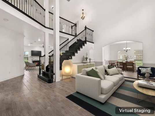 Chandelier, Dining room, Fireplace, Interior, Living room, Recessed Lighting, Wood Texture Flooring