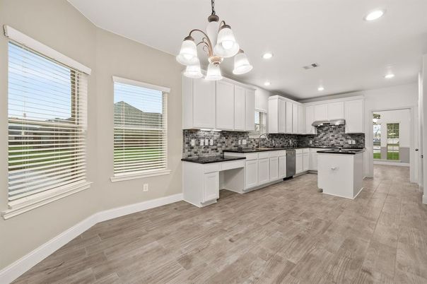 Chandelier, Interior, Kitchen, Pendant Lights, Recessed Lighting, Stainless Steel Appliances, Wood Texture Flooring