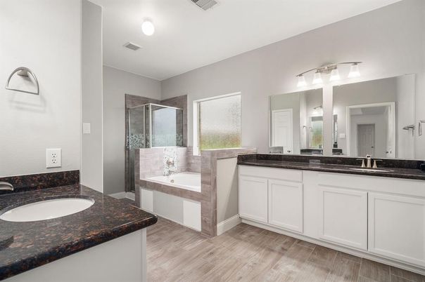 Bathroom, Dual Sink Vanities, Glass Shower, Interior, Wood Texture Flooring