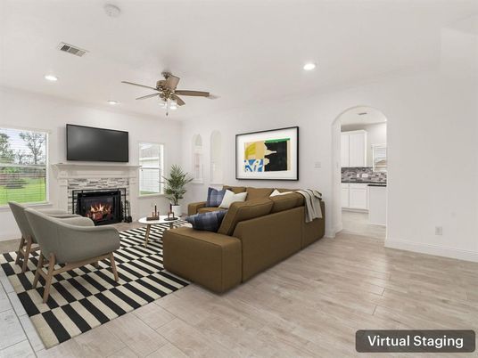 Fireplace, Interior, Living room, Recessed Lighting, Wood Texture Flooring