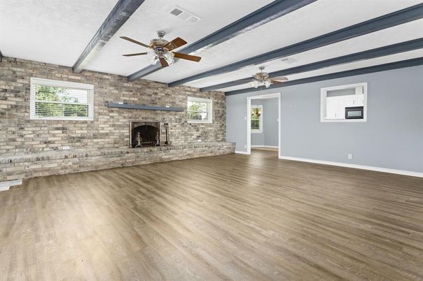 Empty room, Fireplace, Interior, Stone Walls, Wood Texture Flooring