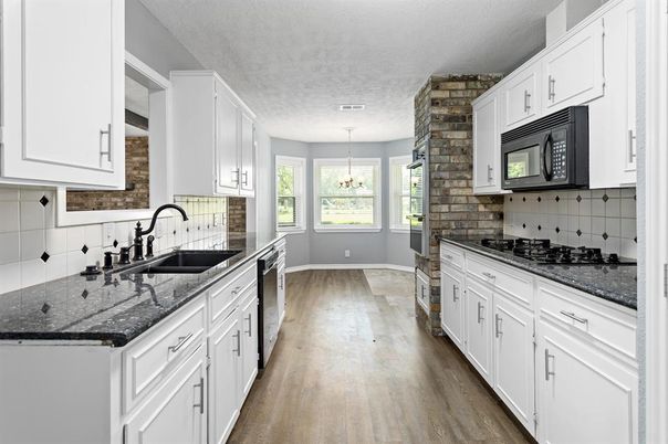 Chandelier, Interior, Kitchen, Pendant Lights, Stone Walls, Wood Texture Flooring