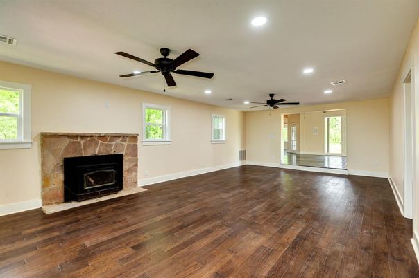 Empty room, Fireplace, Interior, Recessed Lighting, Wood Texture Flooring