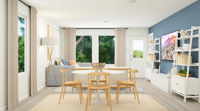 Dining room, Interior, Recessed Lighting, Wood Texture Flooring