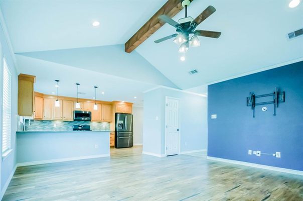 Empty room, Interior, Kitchen, Pendant Lights, Recessed Lighting, Wooden Beams, Wood Texture Flooring