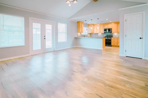 Empty room, Interior, Kitchen, Pendant Lights, Wood Texture Flooring