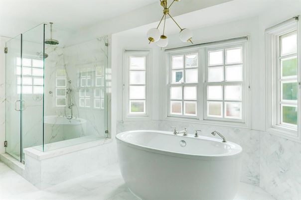 Bathroom, Free Standing Baths, Glass Shower, Interior, Marble, Marble Walls, Pendant Lights