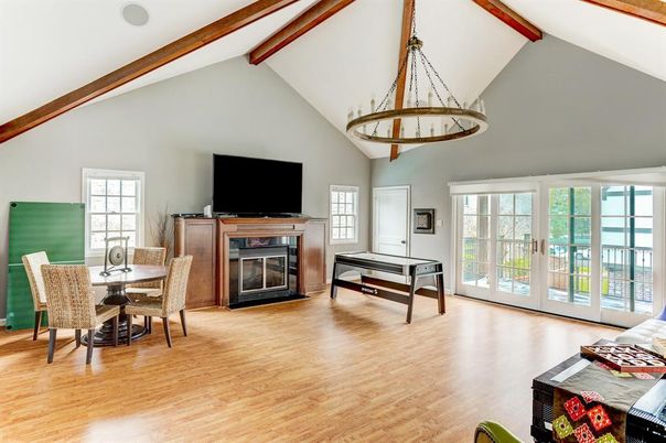 Chandelier, Dining room, Fireplace, Interior, Pendant Lights, Wooden Beams, Wood Texture Flooring