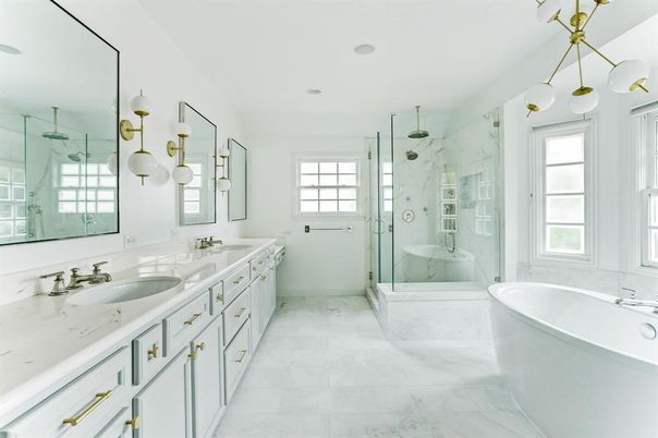 Bathroom, Dual Sink Vanities, Free Standing Baths, Glass Shower, Interior, Marble, Marble Walls, Pendant Lights, Recessed Lighting
