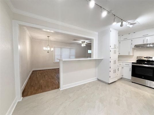 Chandelier, Interior, Kitchen, Stainless Steel Appliances, Wood Texture Flooring