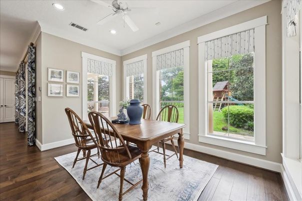 Dining room, Interior, Recessed Lighting, Wood Texture Flooring