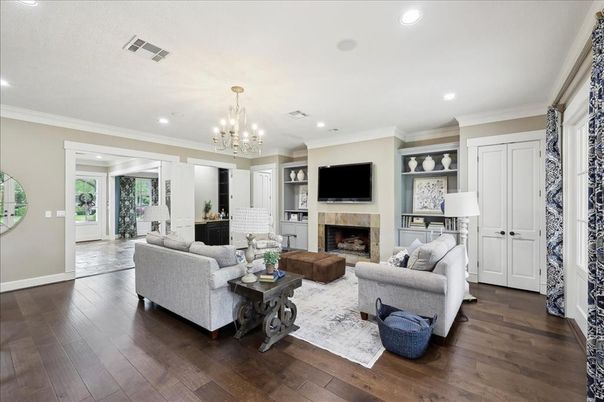 Chandelier, Fireplace, Interior, Living room, Recessed Lighting, Wood Texture Flooring