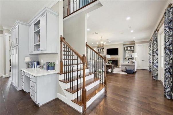 Chandelier, Fireplace, Interior, Kitchen, Living room, Recessed Lighting, Wood Texture Flooring