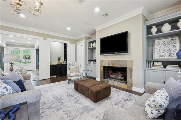 Fireplace, Interior, Living room, Recessed Lighting, Wood Texture Flooring