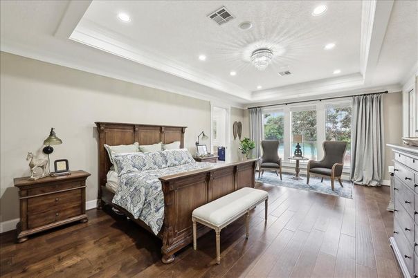 Bedroom, Chandelier, Interior, Recessed Lighting, Wood Texture Flooring