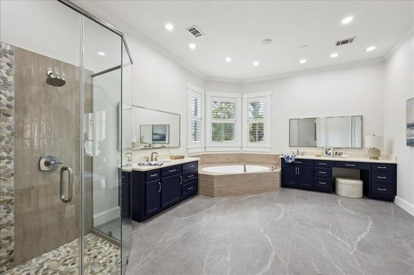 Bathroom, Dual Sink Vanities, Glass Shower, Interior, Recessed Lighting