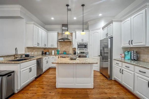 Interior, Kitchen, Pendant Lights, Recessed Lighting, Stainless Steel Appliances, Wood Texture Flooring