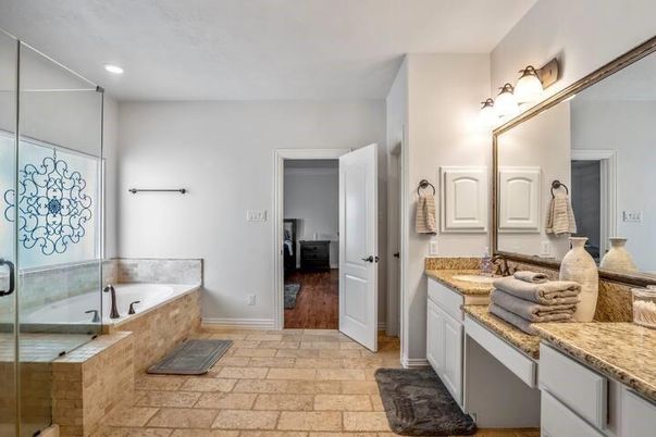 Bathroom, Glass Shower, Interior, Recessed Lighting, Wood Texture Flooring